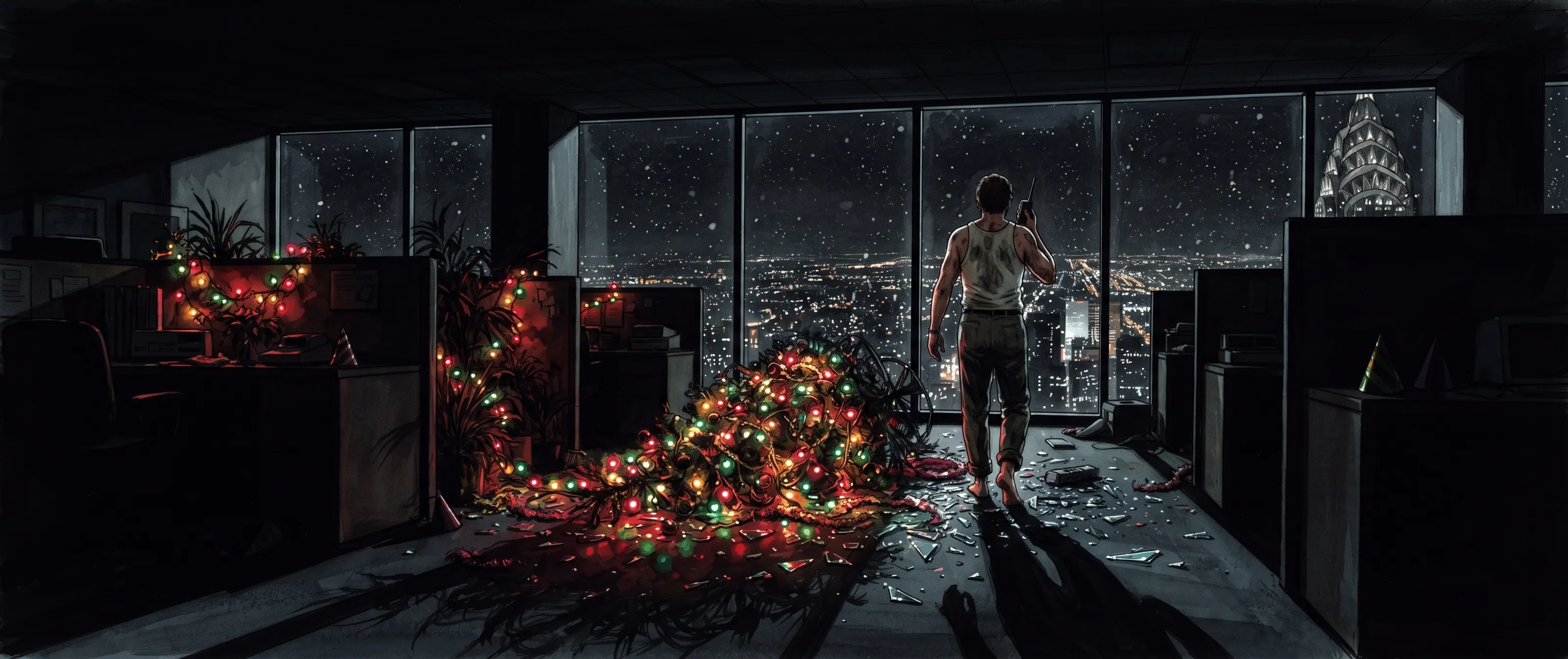 A barefoot figure stands at the window of a dark, wrecked high-rise office at night, city lights far below and a tangle of lit Christmas bulbs strewn across the floor behind him.