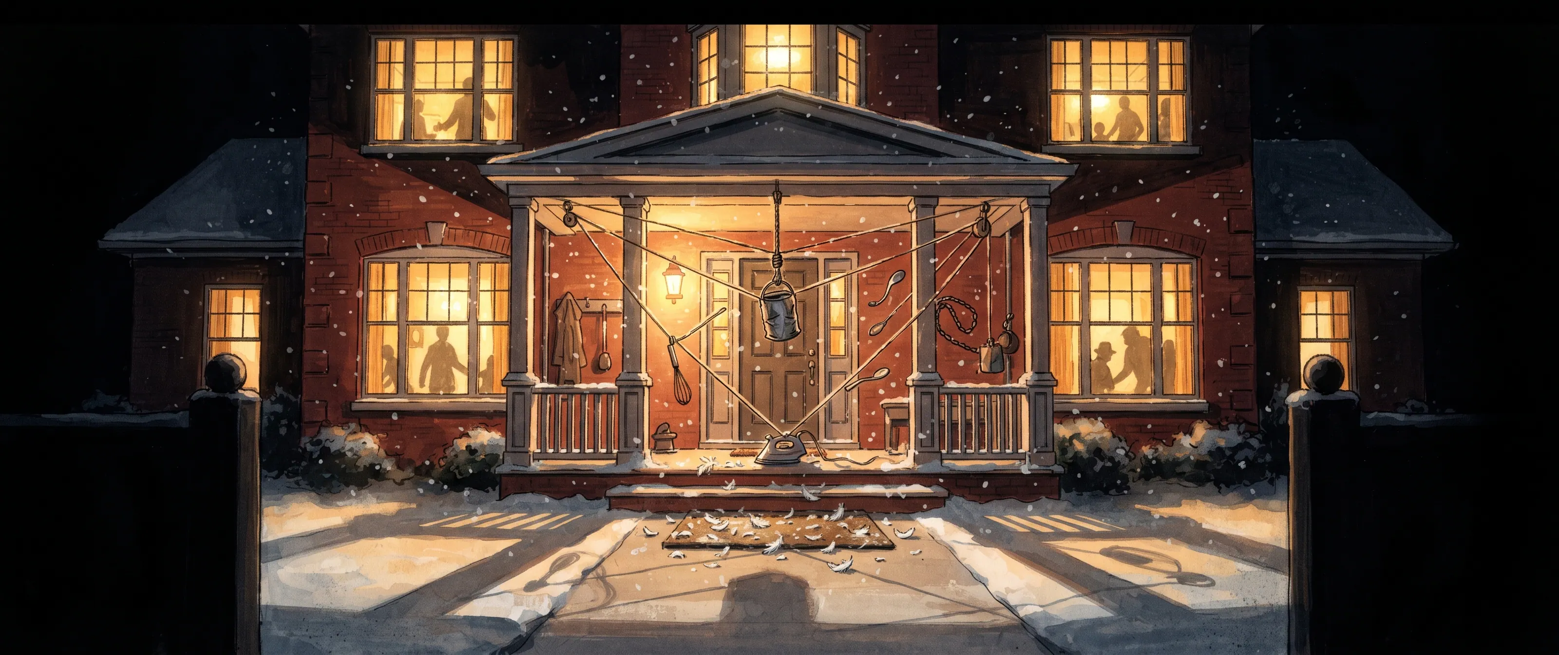 A red-brick suburban house at night with every window glowing, its porch strung with ropes and rigged with home-made traps, snow falling on the empty path.
