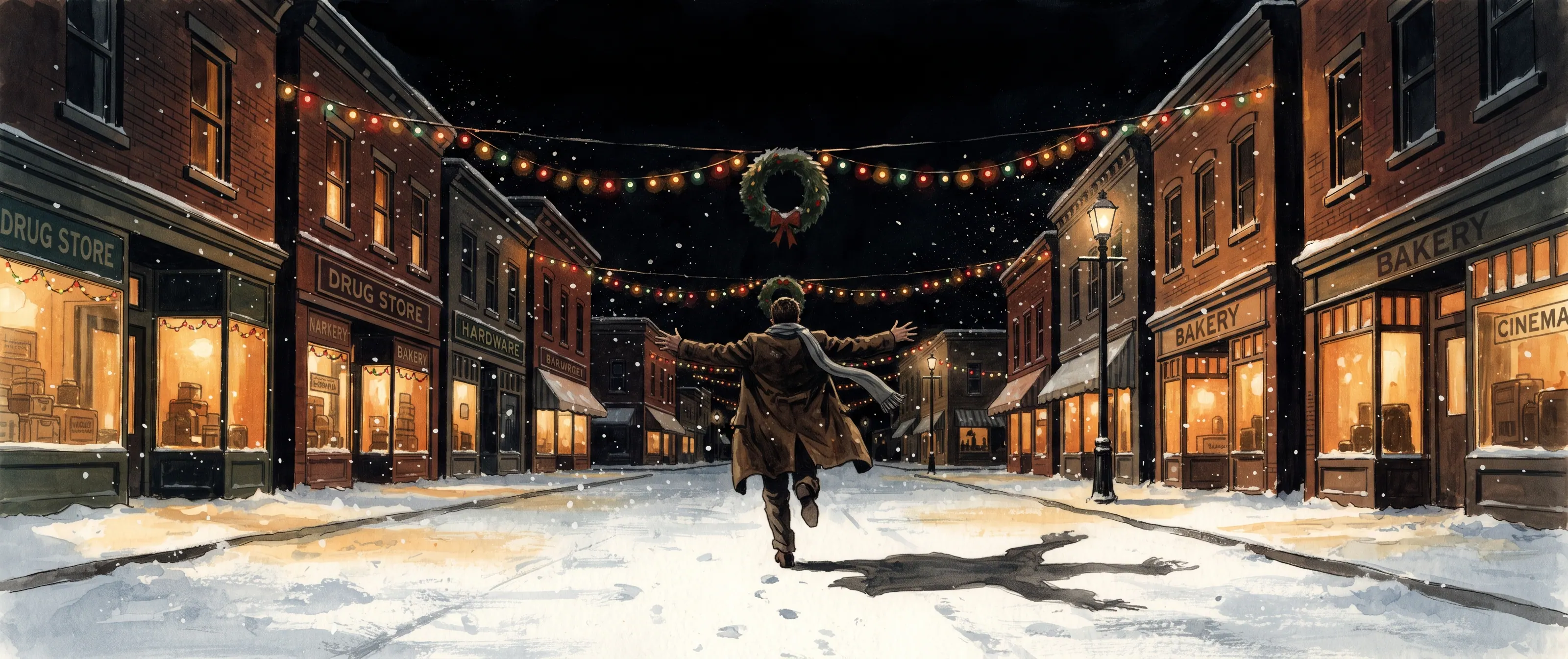 A man runs down the middle of a snowy small-town street at night with his arms flung wide, festoon lights and a wreath strung overhead between lit shopfronts.