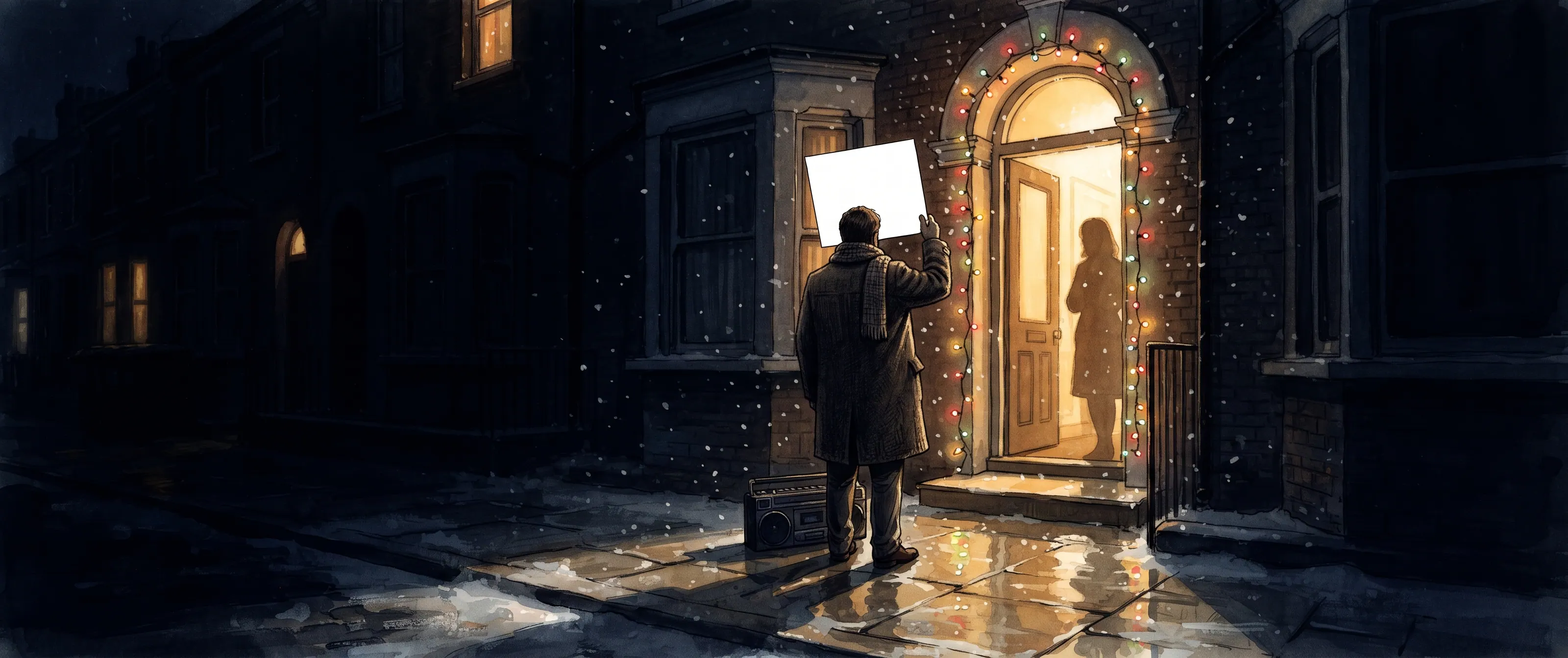 A man stands at a lit doorway in the snow holding up a large blank white card, a figure silhouetted in the warm hallway behind the garlanded door.