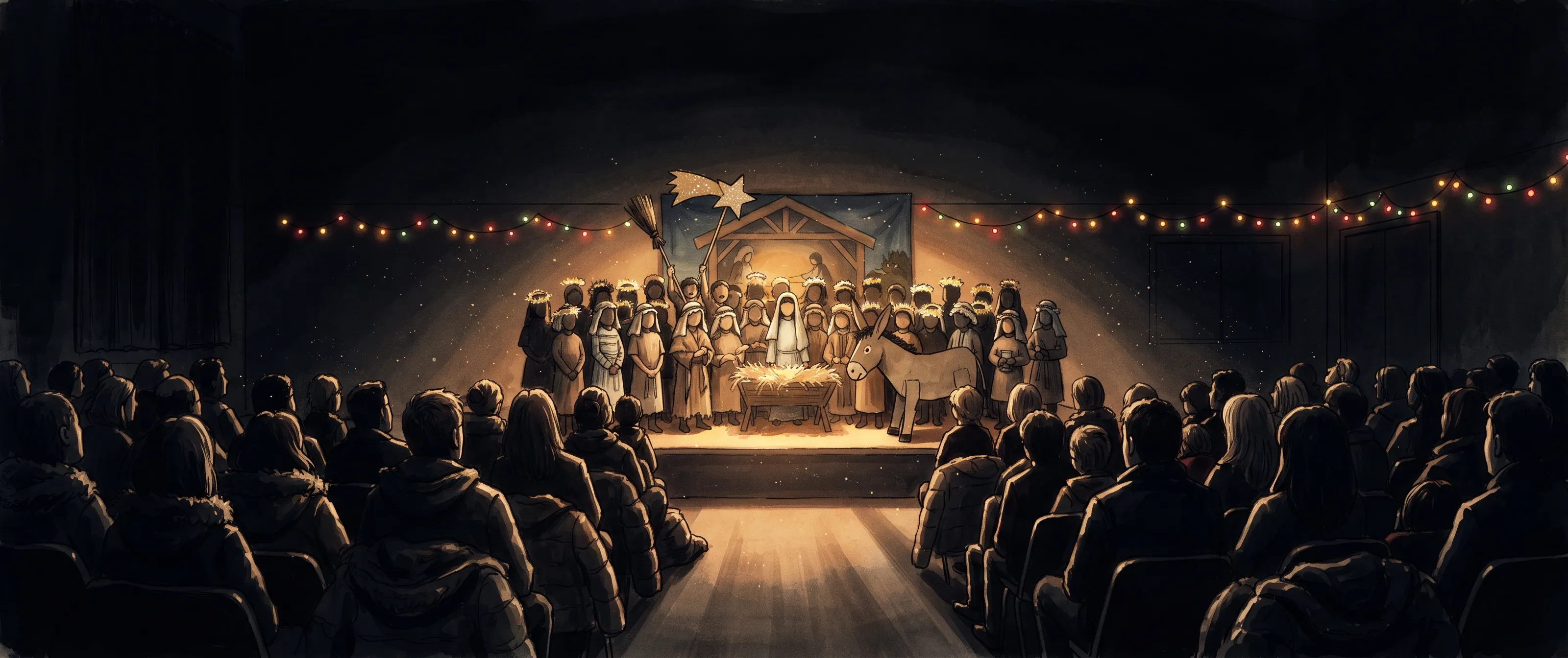 A school hall in darkness, the audience in silhouette, watching a lit stage where children in costume gather around a painted stable backdrop under a paper star.