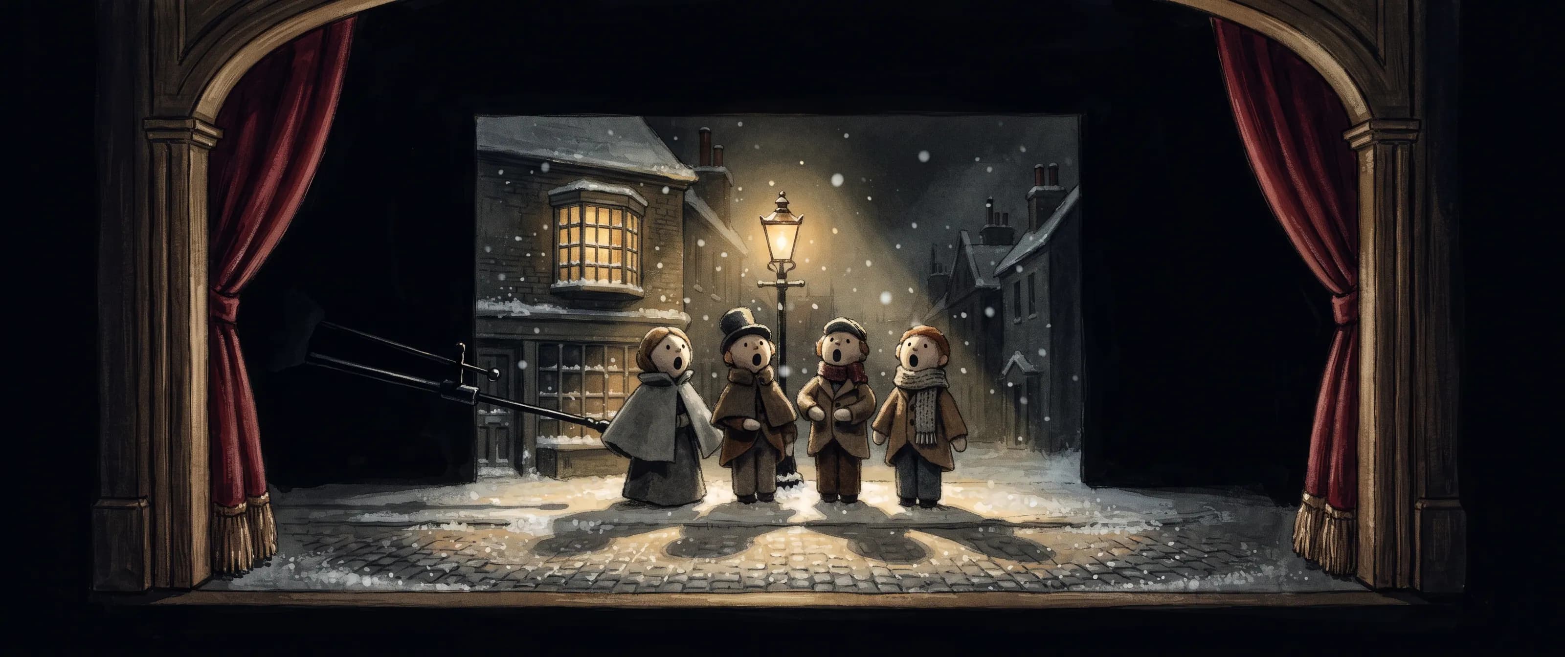 A theatre stage framed by red curtains, four small carol singers in scarves and top hats standing under a lamppost in painted Victorian snow.