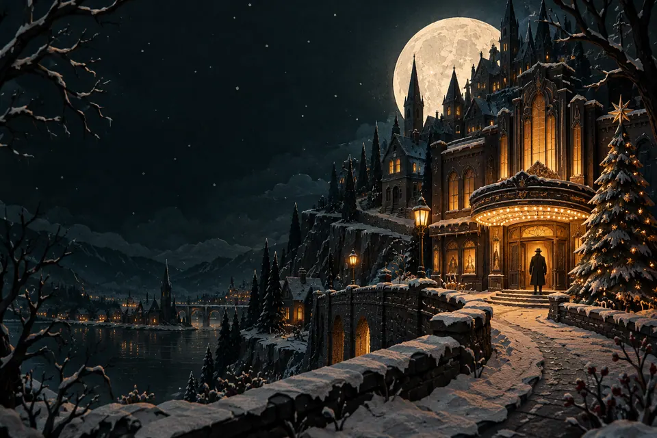 A paper-cut gothic village at night under a huge pale moon, an old picture house glowing amber beside a decorated tree, and a tiny figure in a long coat at its door.
