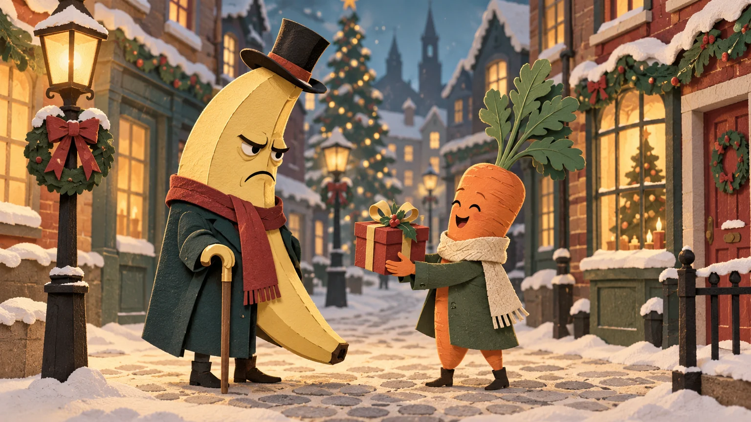 A carrot offering a Christmas gift to a banana in Victorian dress.