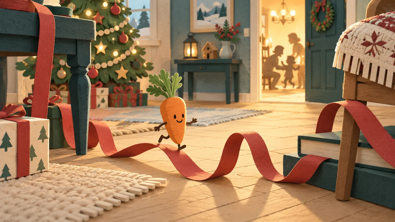 A carrot negotiating a ribbon obstacle course in a festive house.