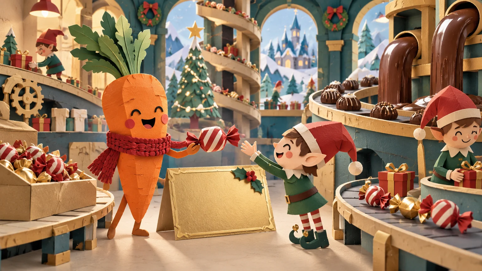 A smiling carrot sharing sweets inside a magical Christmas factory.