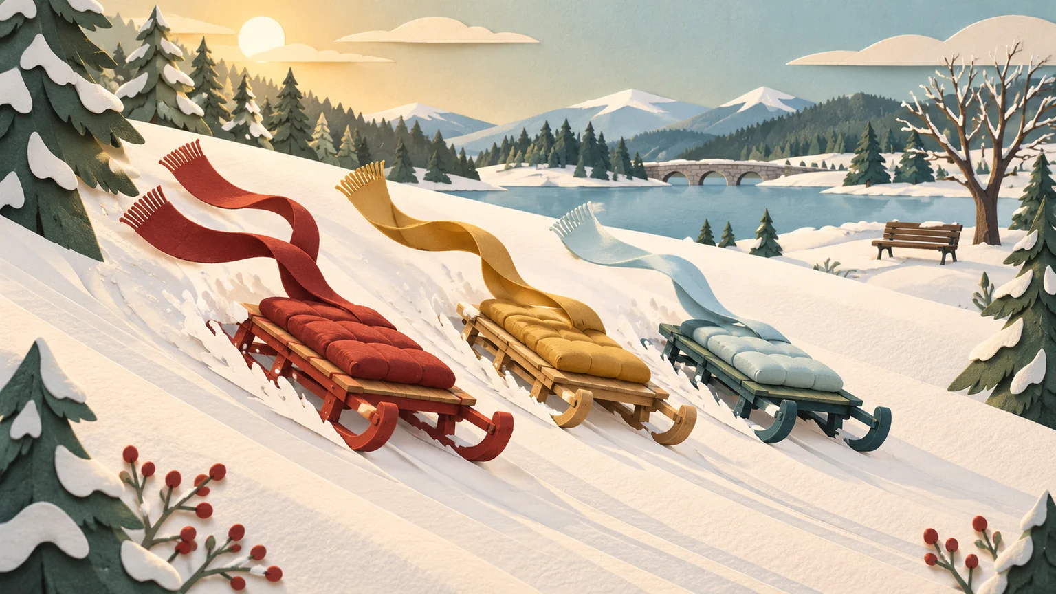 Three cushioned sledges and flowing scarves on a snowy hill.