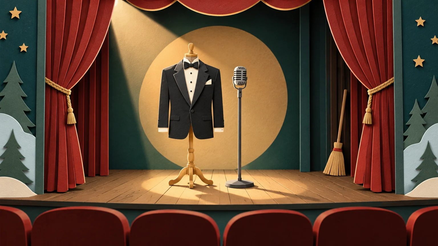 A paper tuxedo and microphone in a warm theatre spotlight.