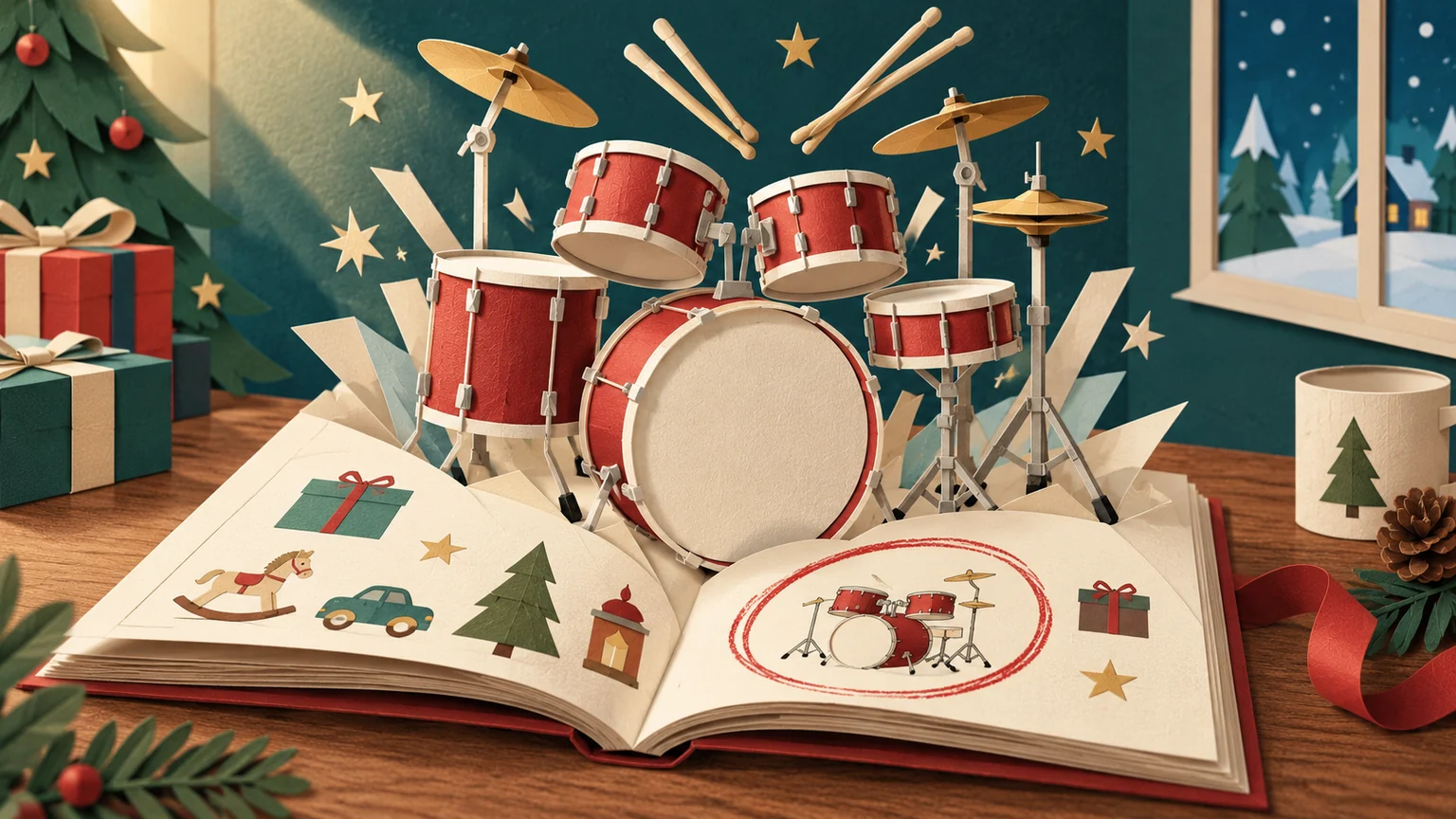 A red drum kit rising from a circled page in a gift catalogue.