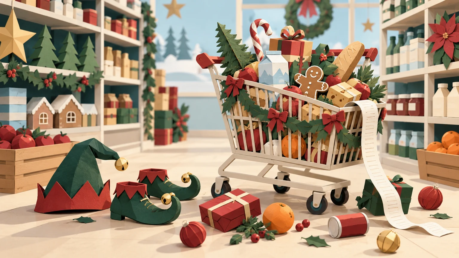 An elf hat and shoes beside a decorated supermarket trolley.