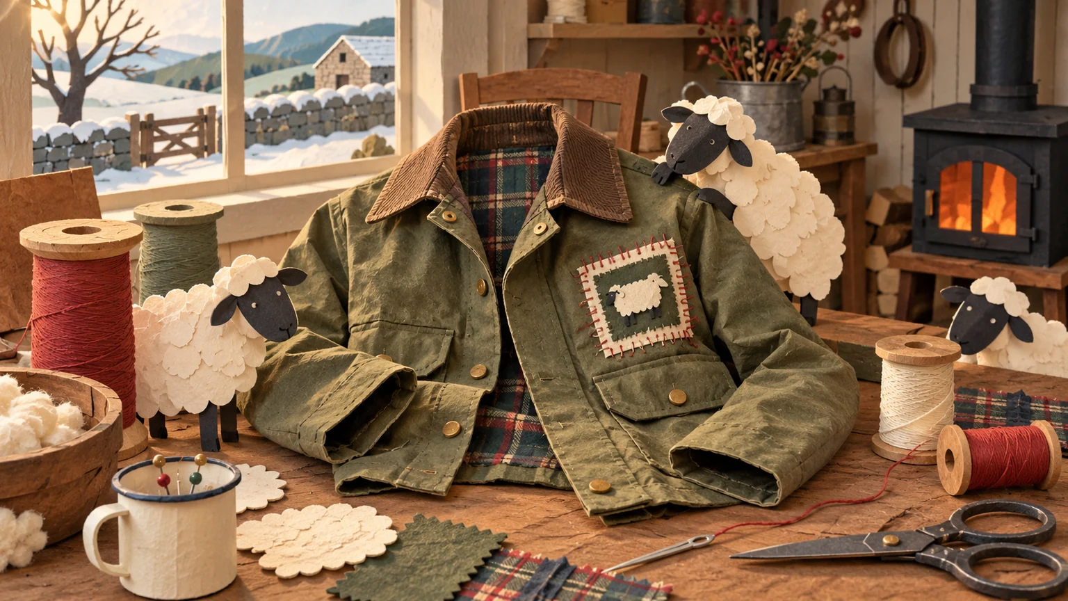 Paper sheep helping to patch an olive country jacket.