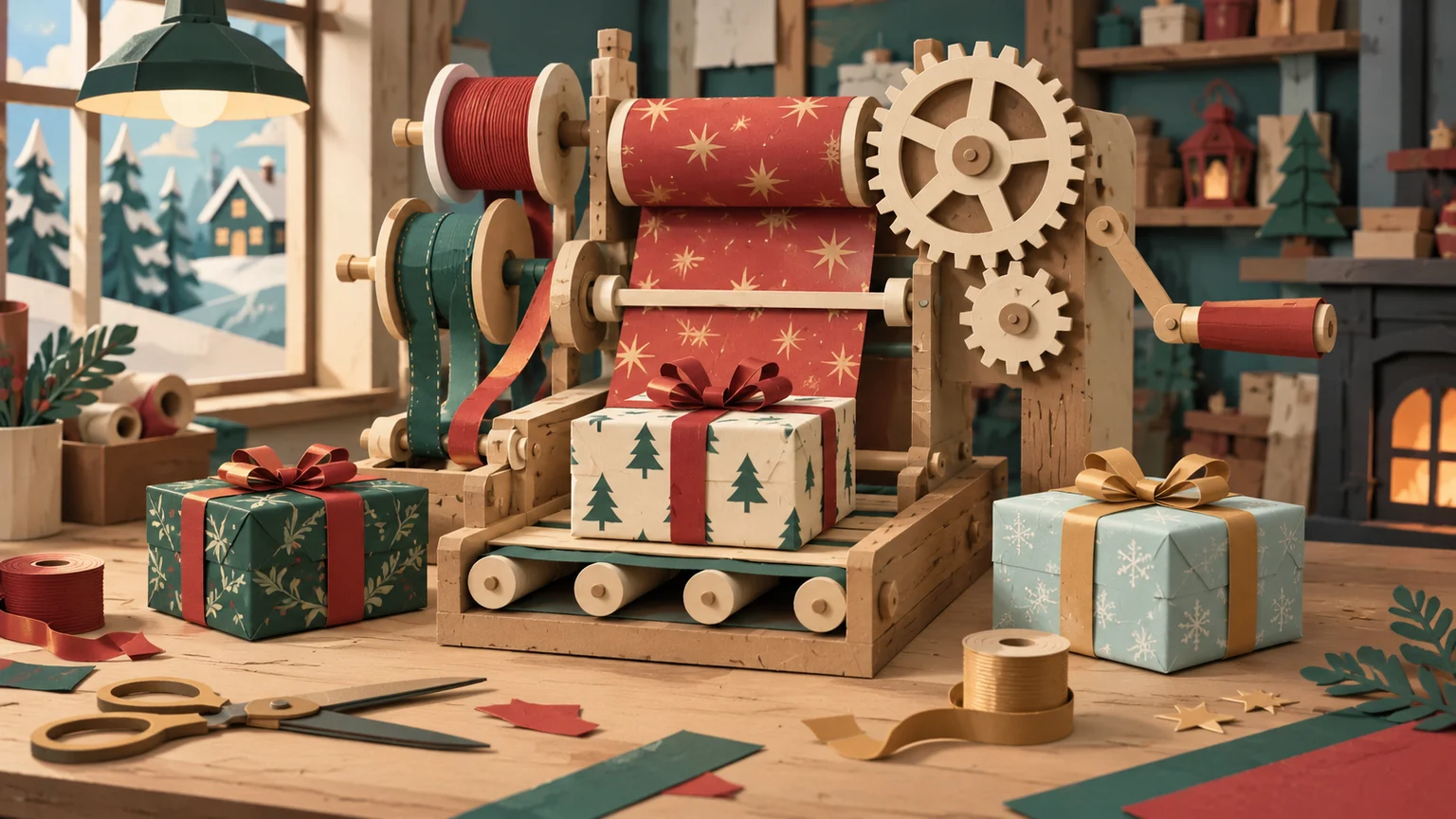 Paper gift-wrapping machine with gears, ribbons and Christmas parcels.