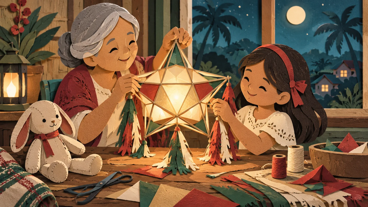 A grandmother and granddaughter making a glowing star lantern.