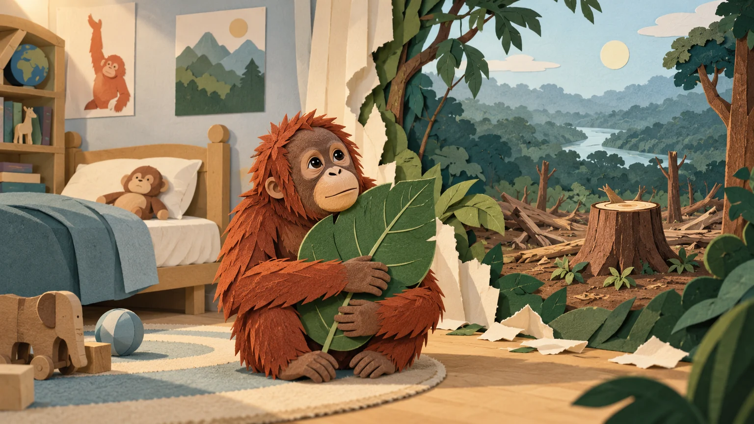 A young orangutan holding a leaf between a bedroom and a damaged forest.