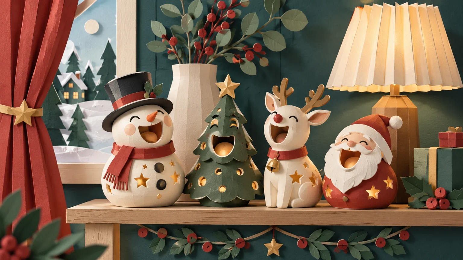 Expressive paper ornaments singing together on a festive shelf.