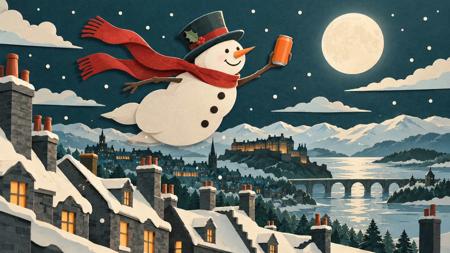 A flying snowman holding an orange can above Scottish rooftops.