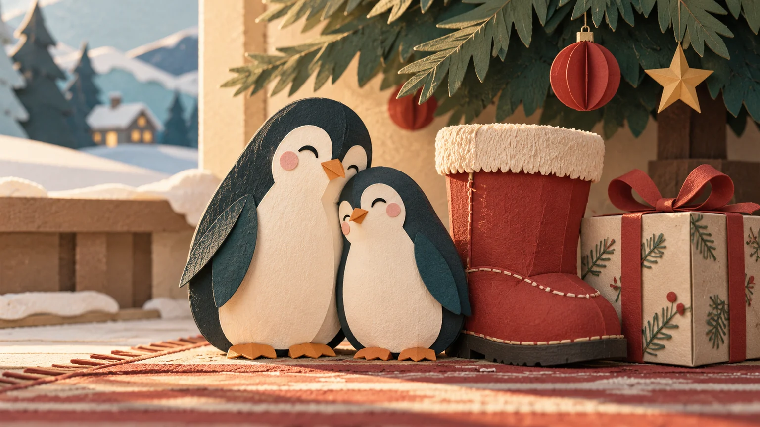Two paper penguins nestling together beside a winter boot.
