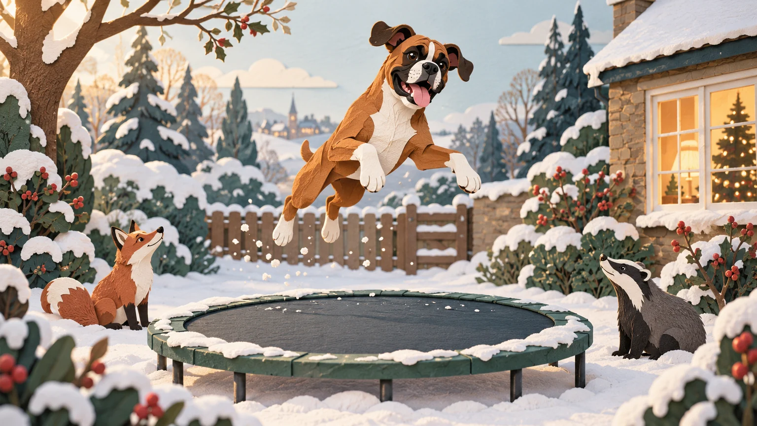 A boxer dog bouncing above a snowy garden trampoline.