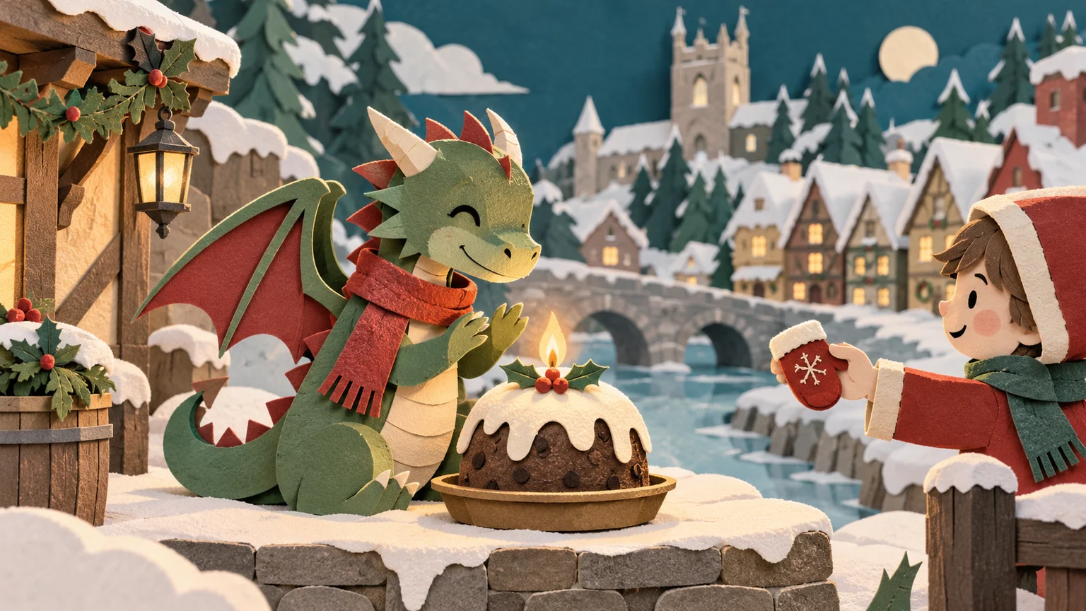 A friendly paper dragon beside a glowing Christmas pudding.