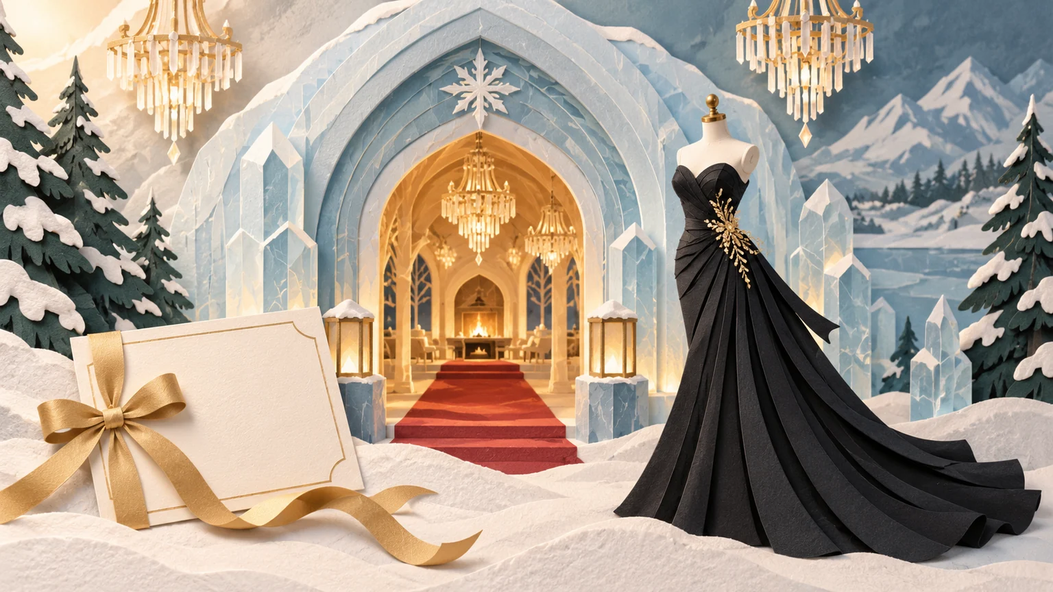A black evening gown and invitation at a glowing ice hotel.