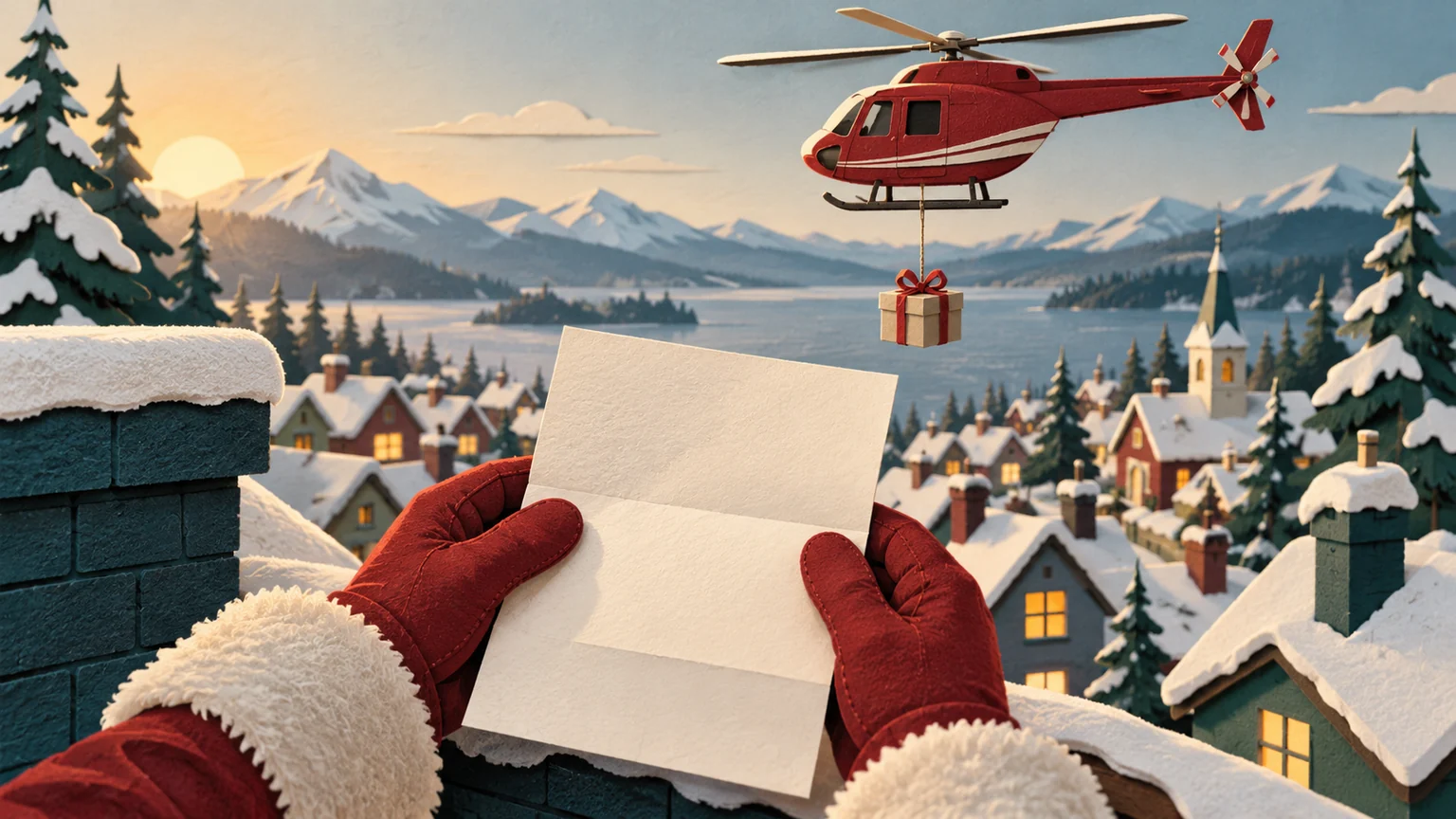 Red gloves holding a letter beneath a helicopter delivering a gift.