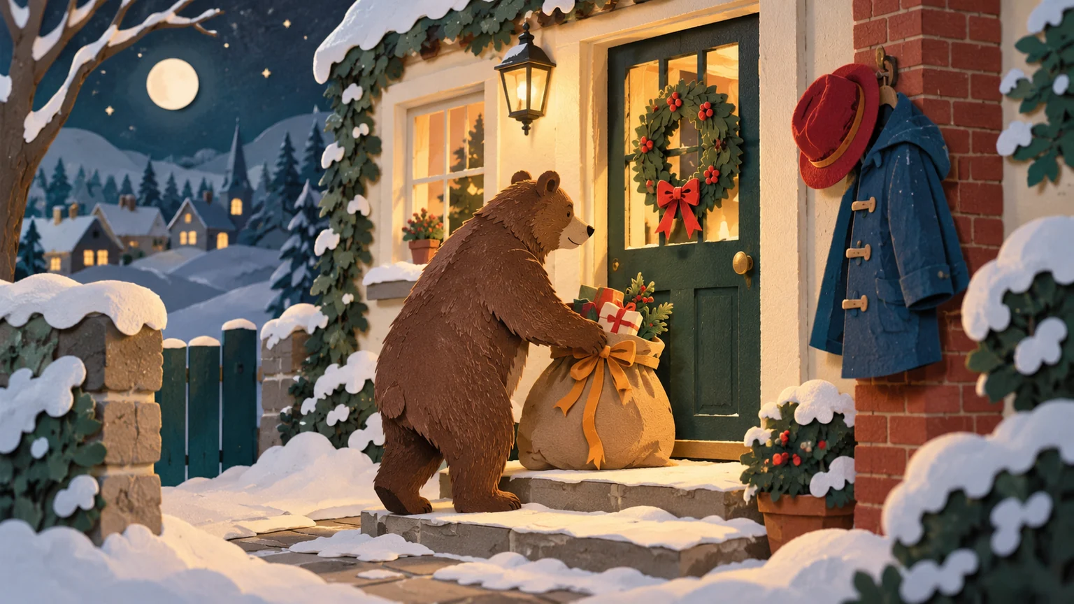 A paper bear returning gifts to a snowy doorstep.