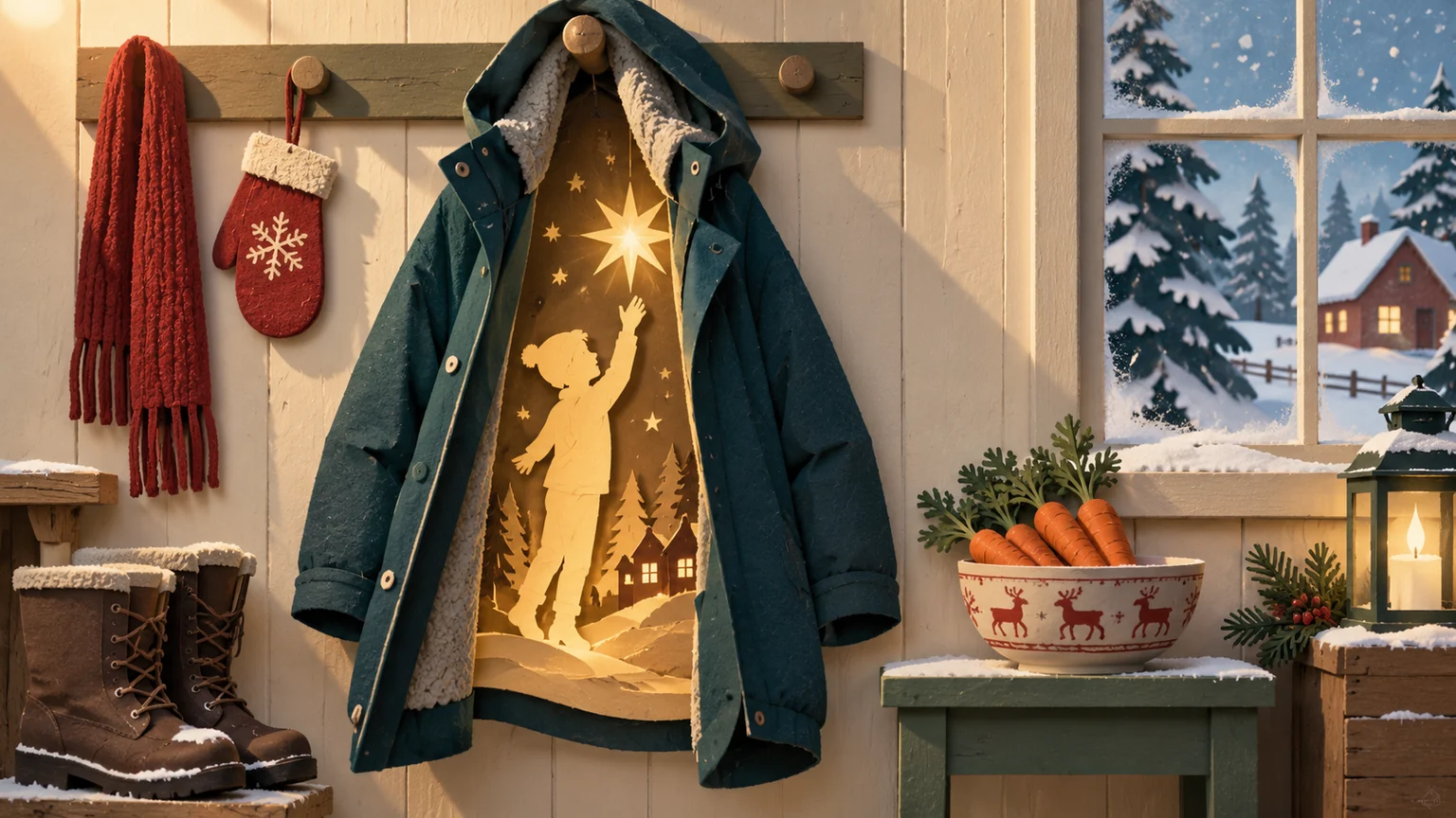 A glowing young boy inside a winter coat reaching for a Christmas star.