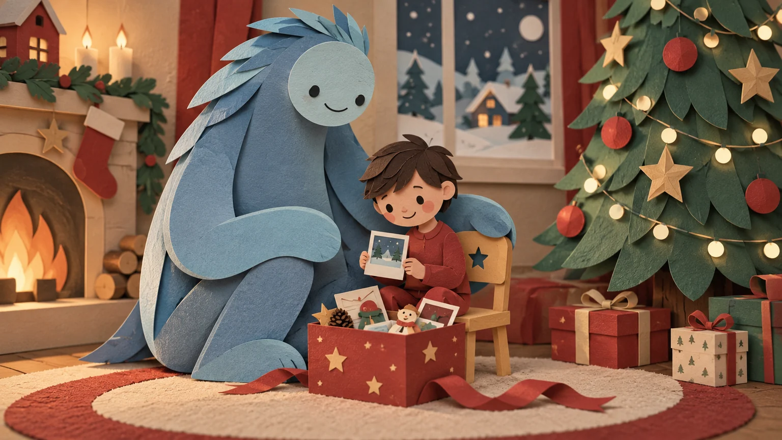 A blue paper imaginary friend sharing a box of childhood memories.