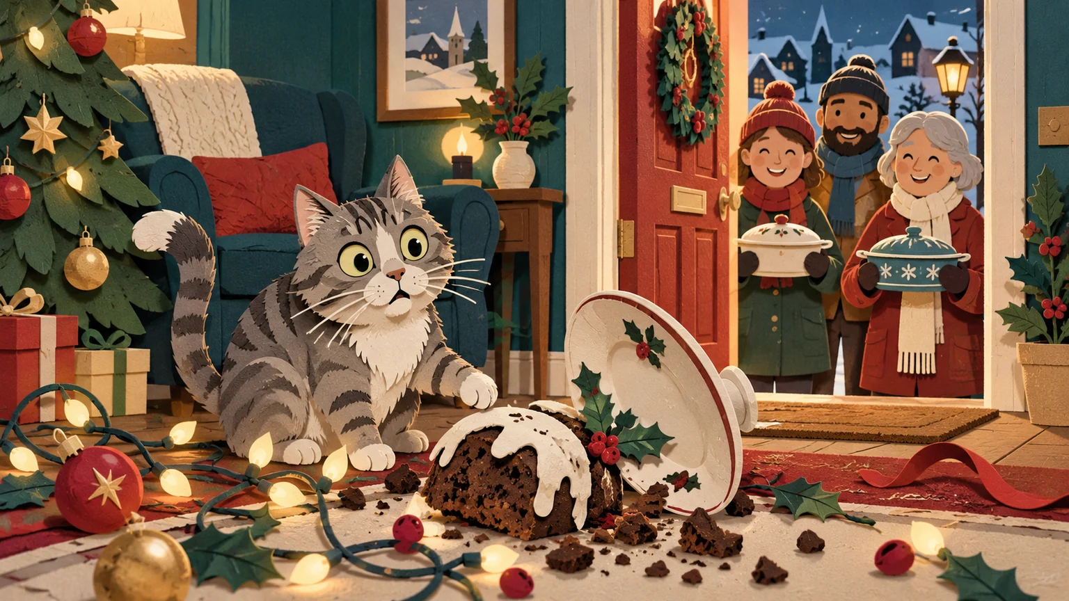 A surprised tabby cat beside a toppled pudding as neighbours bring food.