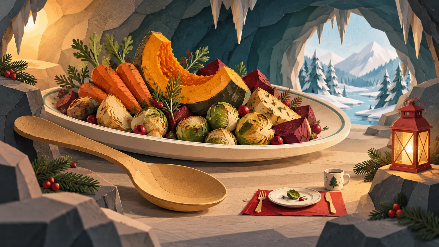 An enormous festive vegetable feast beside a tiny place setting in a cave.