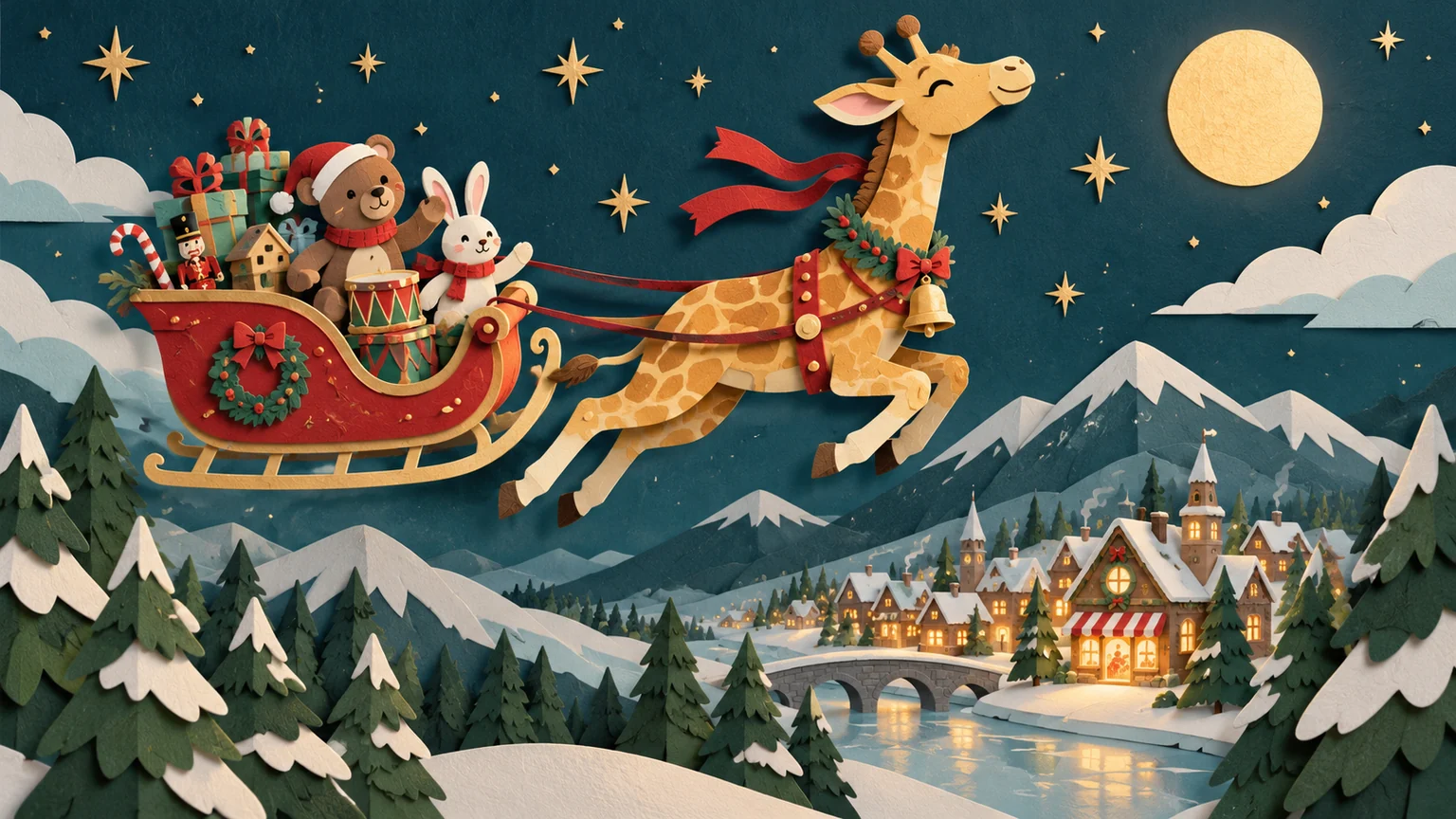 A paper giraffe pulling a sleigh of toys through a winter sky.
