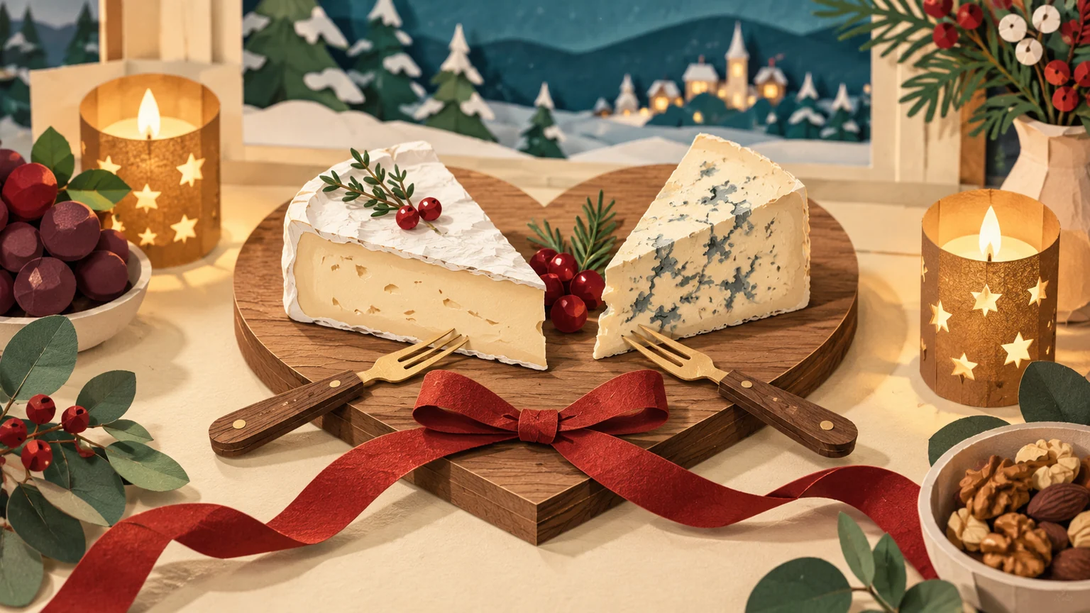 Two cheeses on a heart-shaped board with tasting forks and a red ribbon.