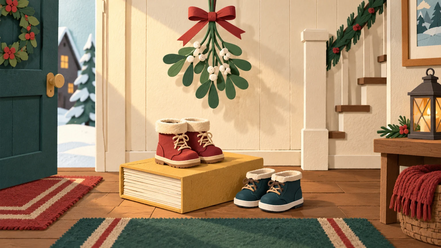 Two pairs of shoes at different heights beside a yellow directory and mistletoe.