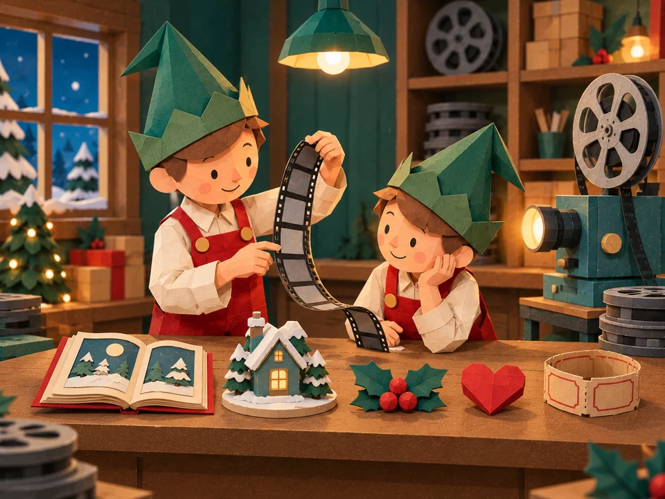 Two paper elves in a film workshop, one holding up a strip of film, beside a projector, an open storybook and a little snowy house.